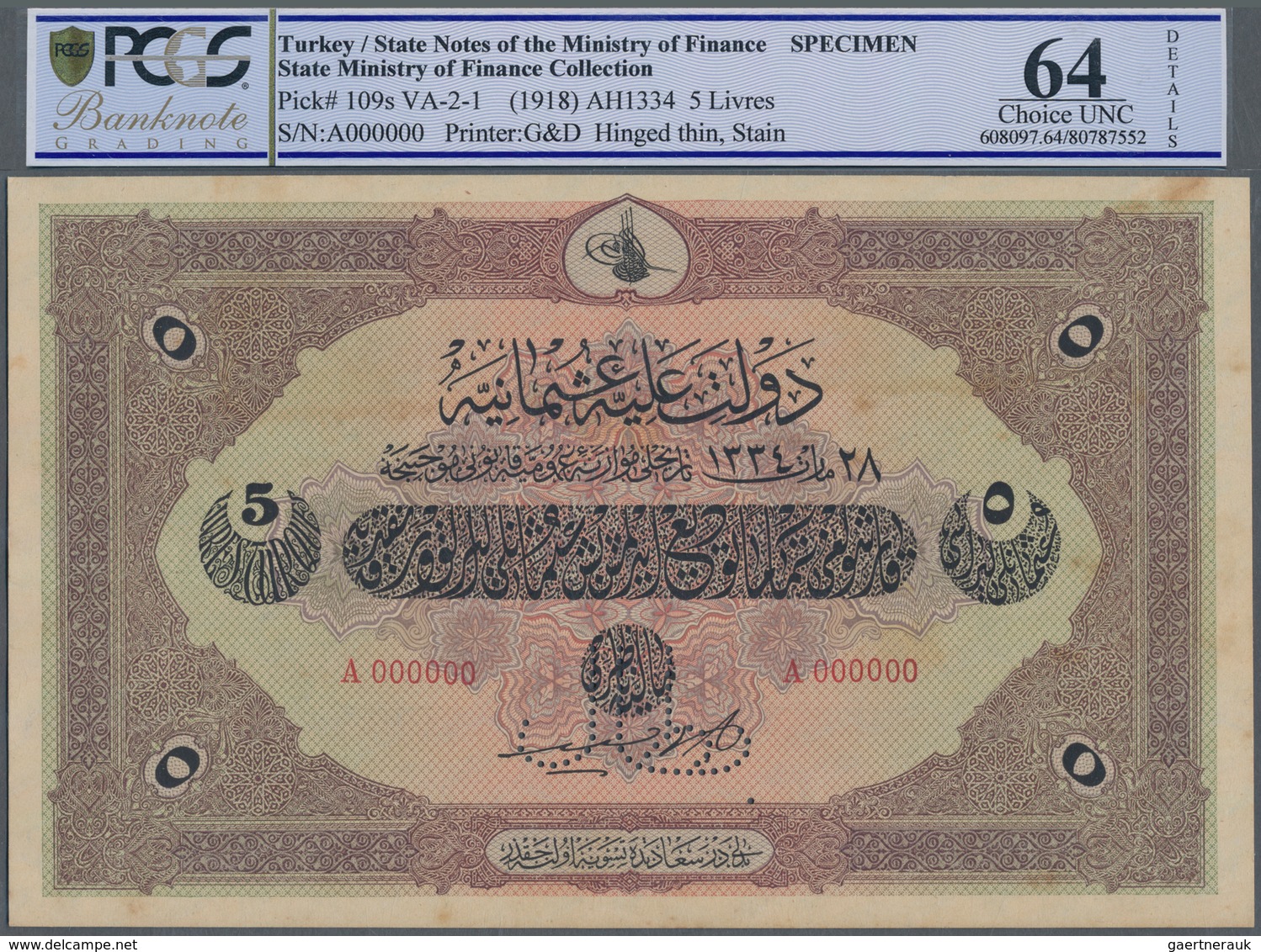 Turkey / Türkei: 5 Livres ND(1918) Specimen P. 109s With Zero Serial Numbers And Specimen Perforatio - Türkei