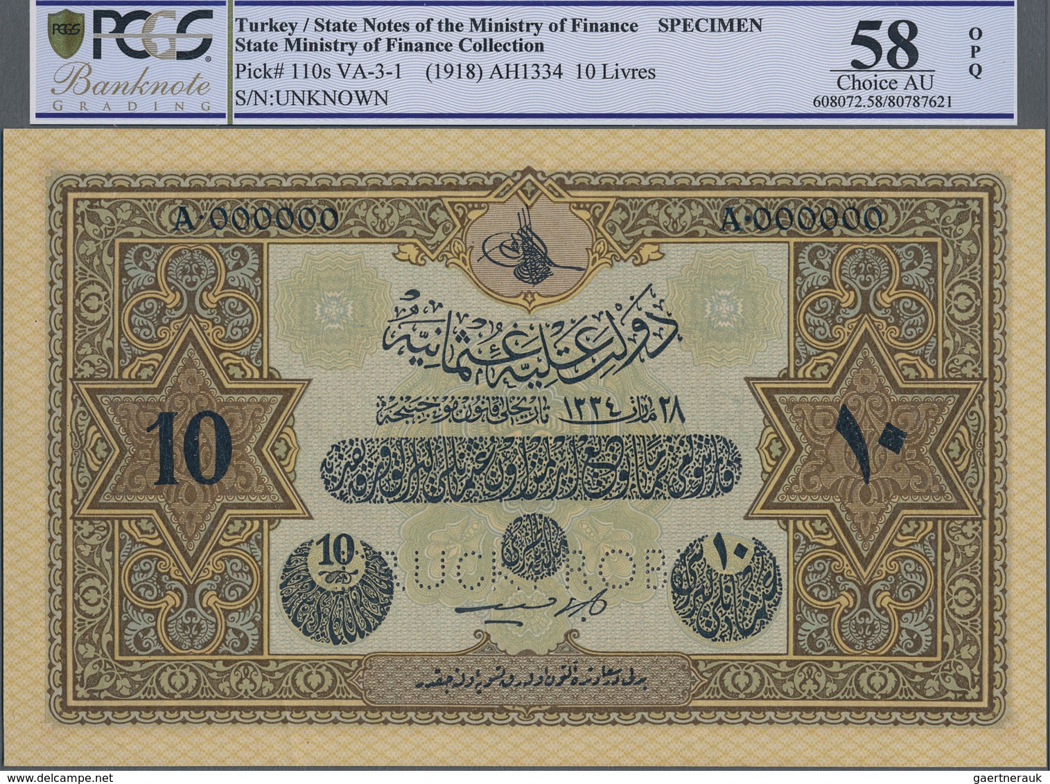 Turkey / Türkei: Rare Specimen Banknote Of 10 Livres ND(1918) AH1334, RS-3-1, With German Specimen P - Turkije