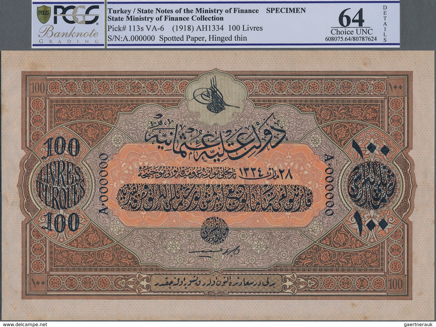 Turkey / Türkei: Rare Specimen Banknote Of 100 Livres ND(1918) AH1334, VA-6, With German Specimen Pe - Turquia