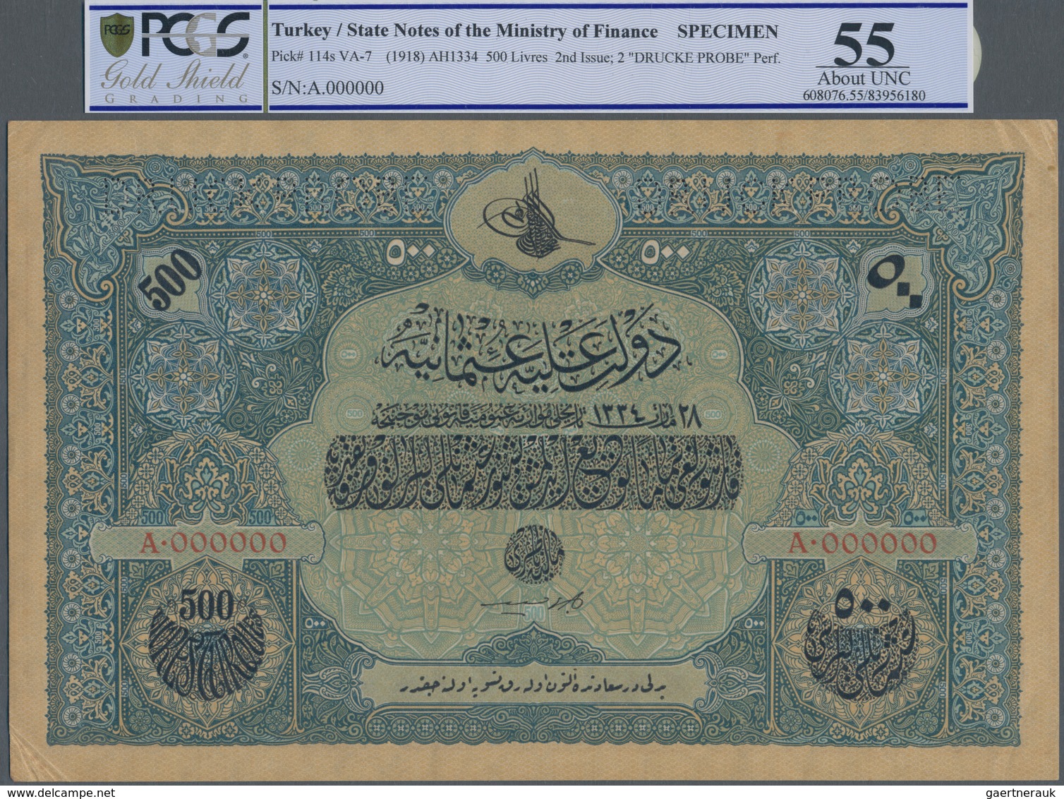 Turkey / Türkei: Rare Specimen Banknote Of 500 Livres ND(1918) AH1334 Pick 114s, VA-7, With German S - Turquia