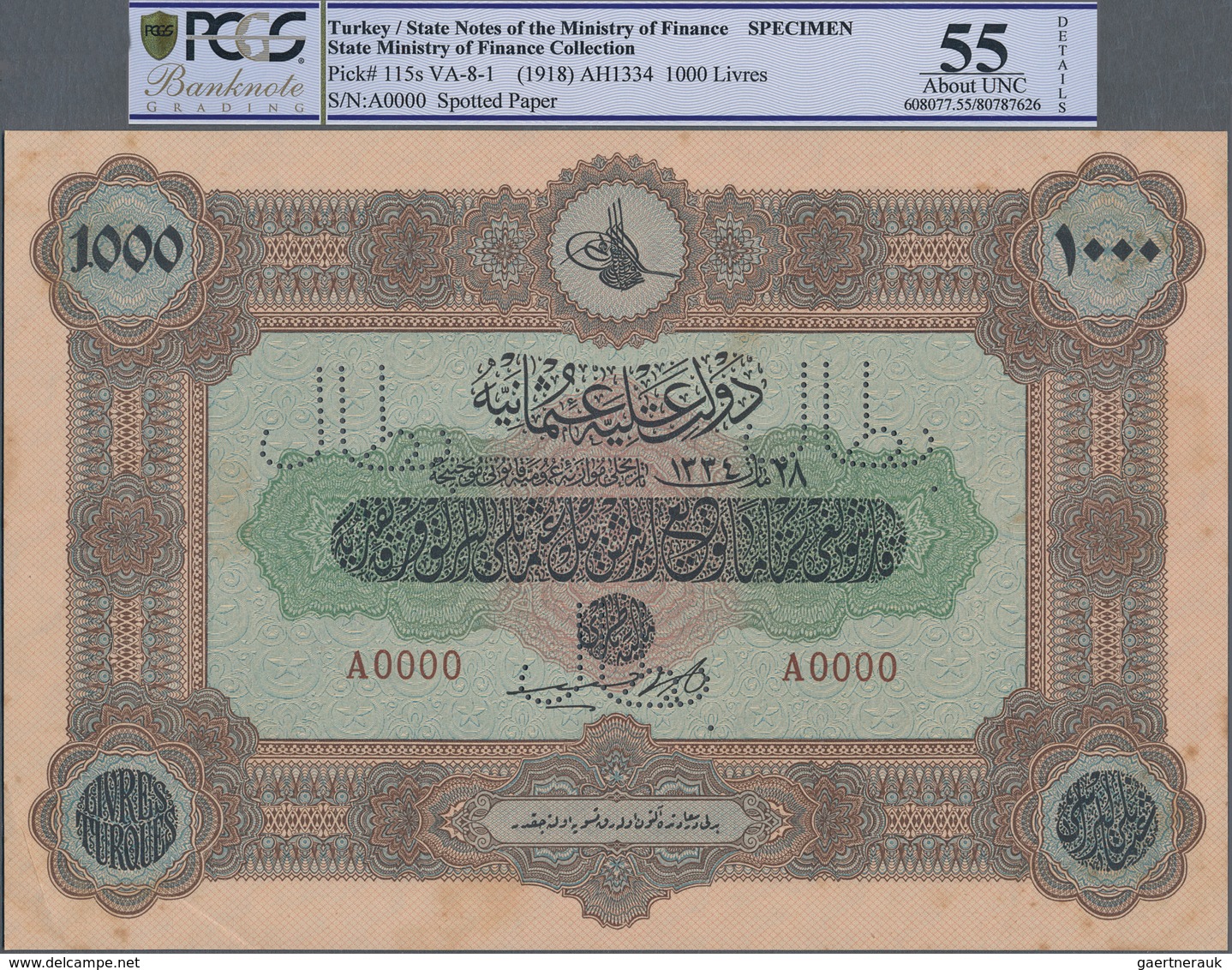 Turkey / Türkei: Rare Specimen Banknote Of 1000 Livres ND(1918) AH1334, VA-8-1, With Arabic Specimen - Turkije