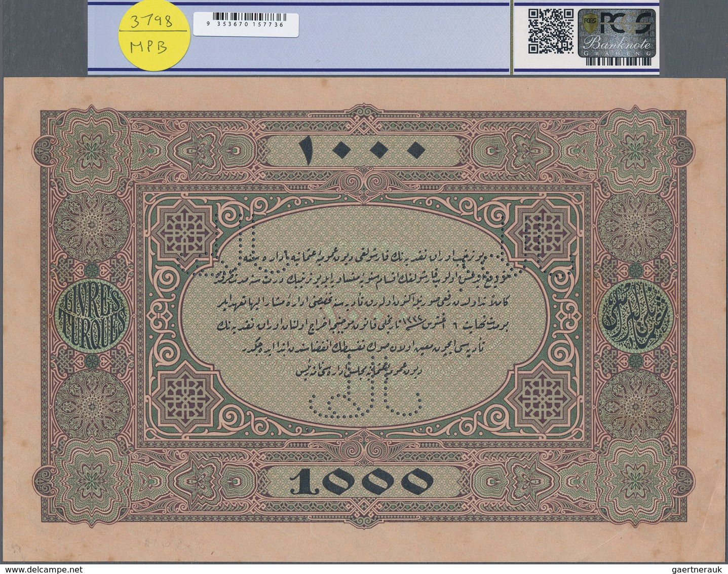 Turkey / Türkei: Rare Specimen Banknote Of 1000 Livres ND(1918) AH1334, VA-8-1, With Arabic Specimen - Turkije