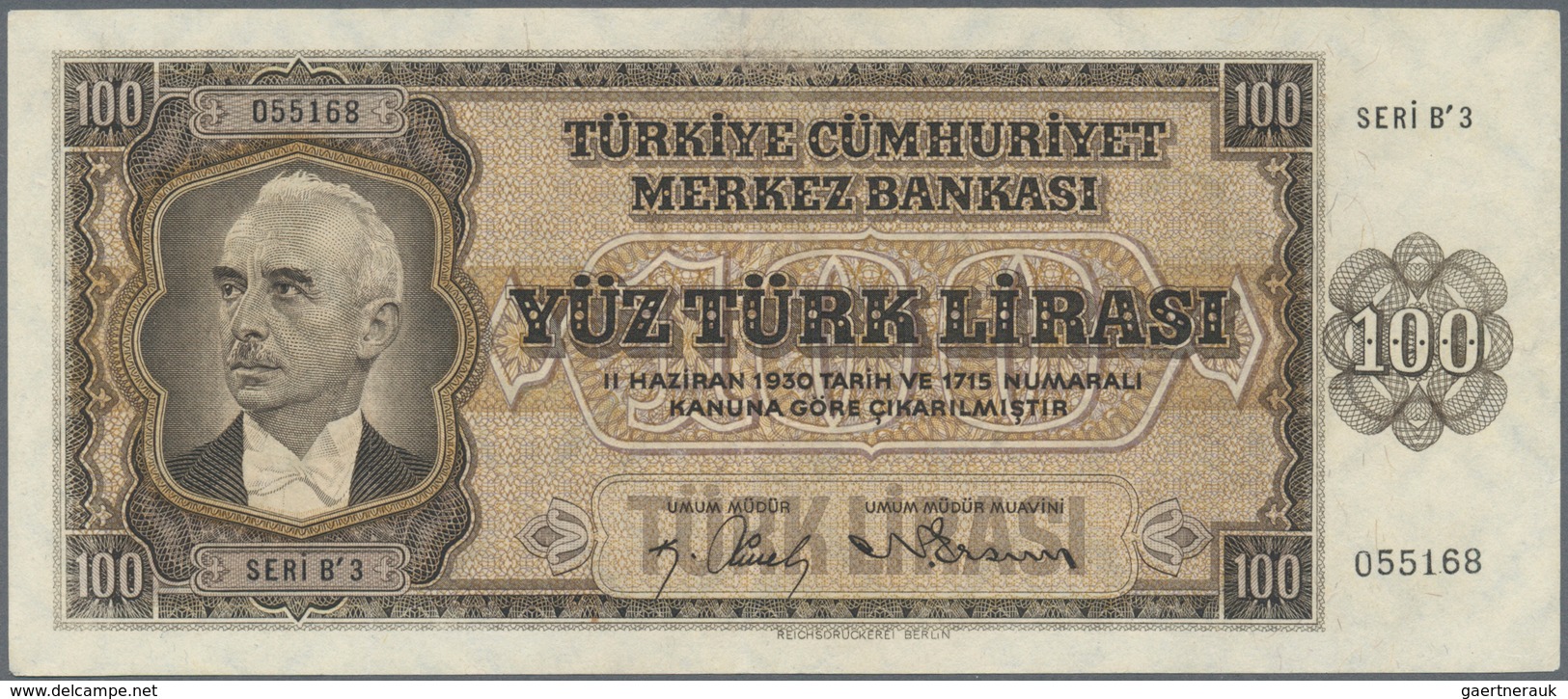 Turkey / Türkei: 100 Lirasi L. 1930 (1942-1947) "İnönü" - 3rd Issue, Highly Rare Banknote In Excepti - Turquia