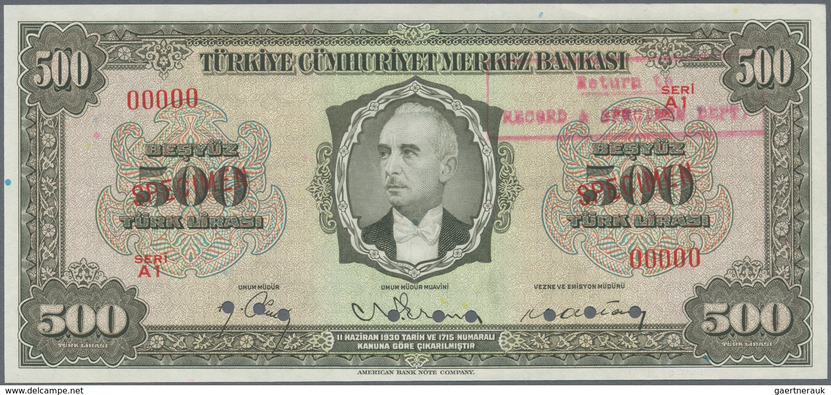 Turkey / Türkei: 500 Lirasi L. 1930 (1942-1947) "İnönü" - 3rd Issue SPECIMEN P.145s In Almost Perfec - Turkije