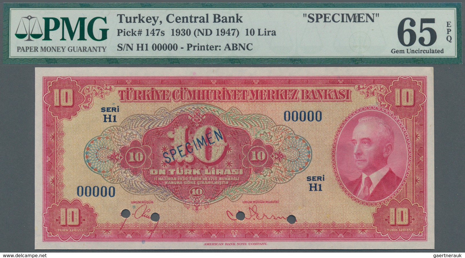 Turkey / Türkei: 10 Lirasi L. 1930 (1947-1948) "İnönü" - 4th Issue SPECIMEN, P.147s In Almost Perfec - Turkije