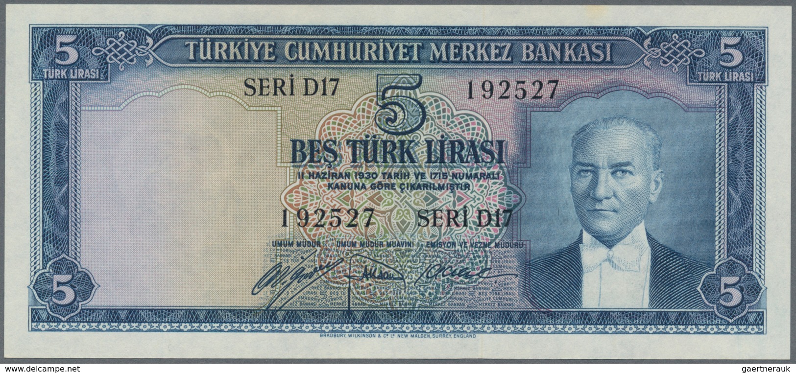 Turkey / Türkei: 5 Lirasi L. 1930 (1951-1961) "Atatürk" - 5th Issue, P.154, Lightly Wavy Paper And A - Türkei