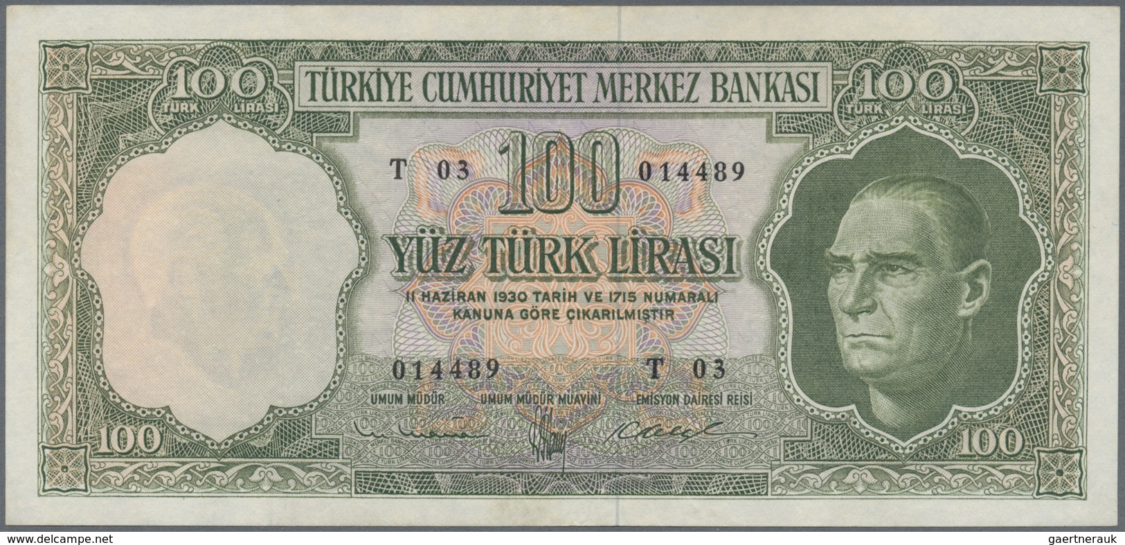 Turkey / Türkei: 100 Lirasi L. 1930 (1951-1965) "Atatürk" - 5th Issue, P.176 With A Few Very Soft Ve - Turkije