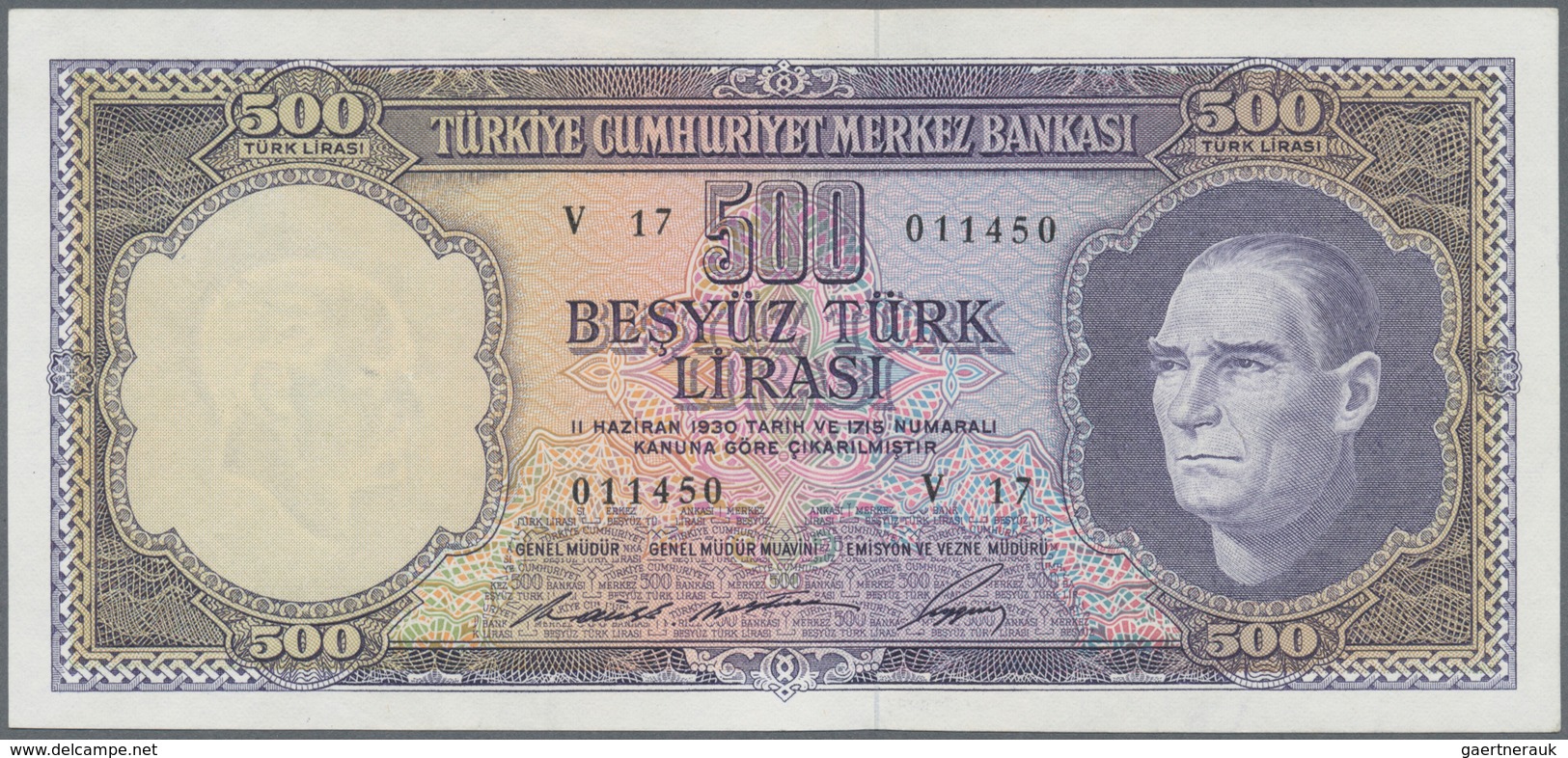 Turkey / Türkei: 500 Lirasi L. 1930 (1966-1969) "Atatürk" - 5th & 6th Issue, P.183, Very Nice Note W - Turquia