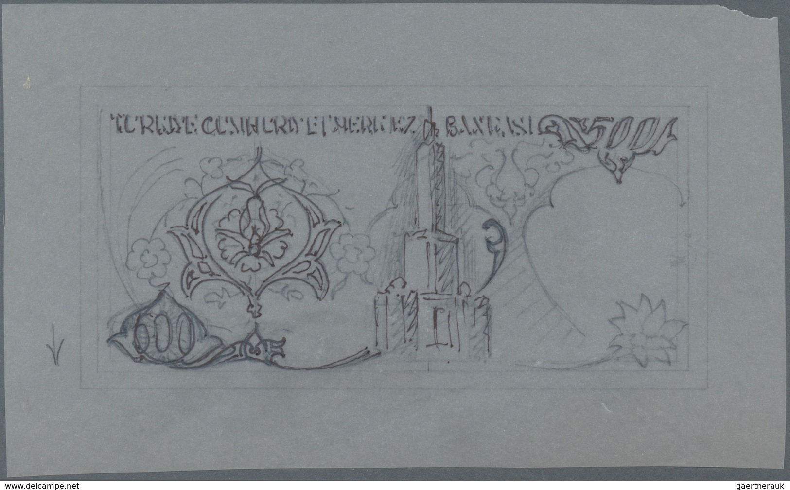 Turkey / Türkei: Hand Drawn Pencil Sketch For A 500 Lira Banknote On Parchment Paper With A Design F - Türkei