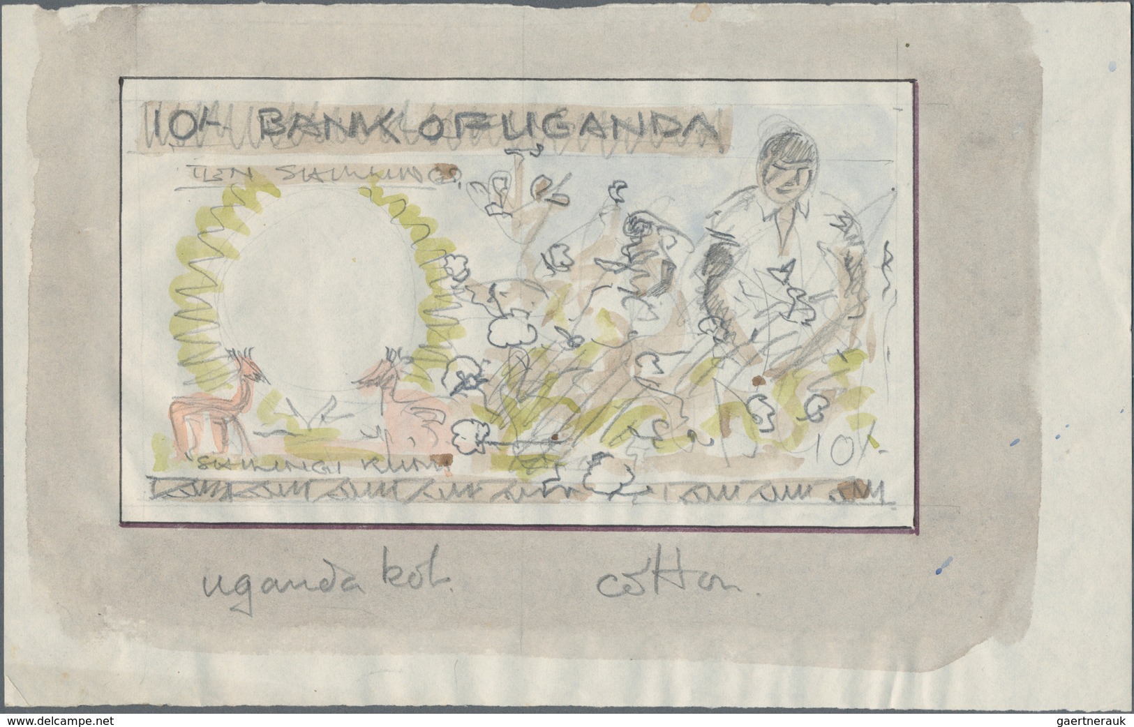 Uganda: Hand Drawn Colored Sketch For A 10 Shillings Banknote On Parchment Paper, P.NL, Probably 198 - Uganda