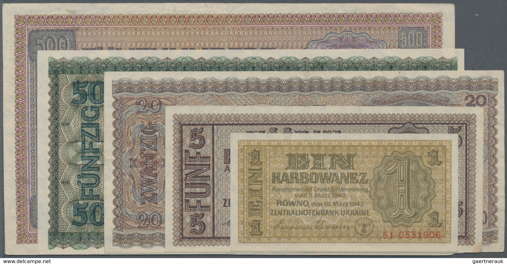 Ukraina / Ukraine: German Occupation WW II, Zentralnotenbank Ukraine 1942 Set With 5 Banknotes 1, 5, - Ucrania