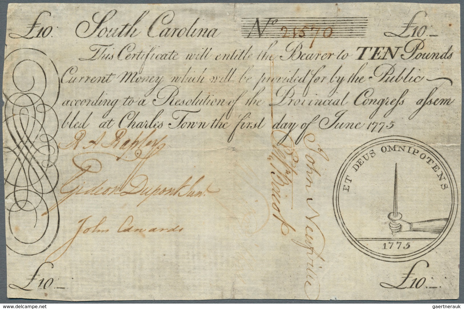 United States Of America: Colonial Currency, South Carolina 10 Pounds June 1st 1775 P. NL, Fr. #SC99 - Otros & Sin Clasificación