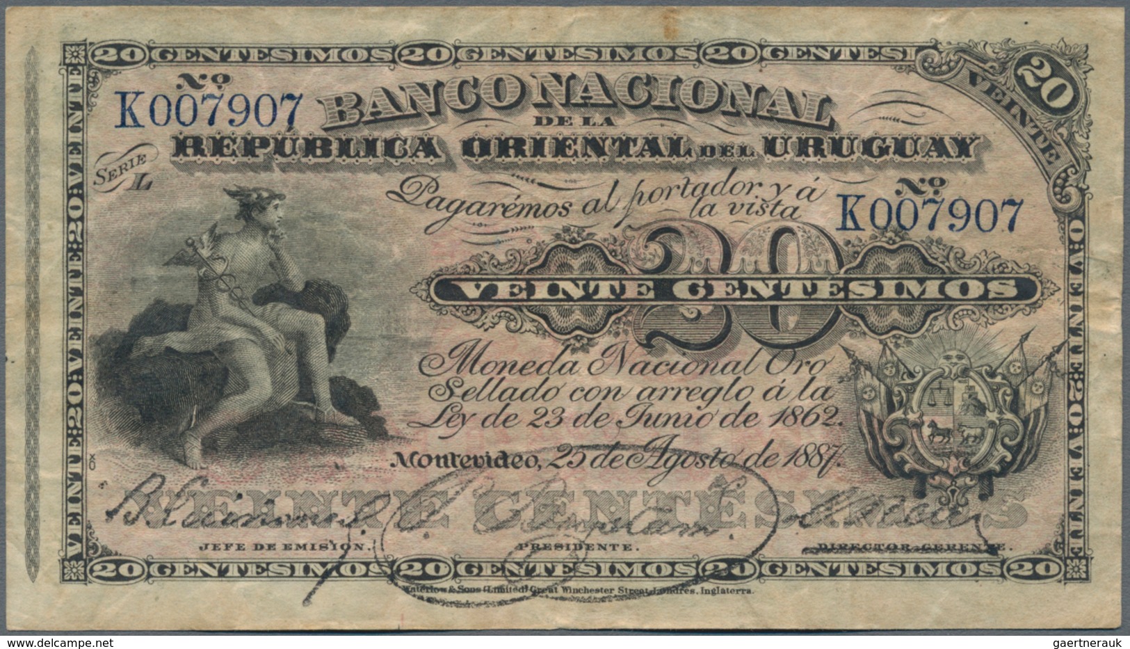 Uruguay: El Banco De La Republica Oriental Del Uruguay 20 Centesimos 1887, P.A88a In About F Conditi - Uruguay