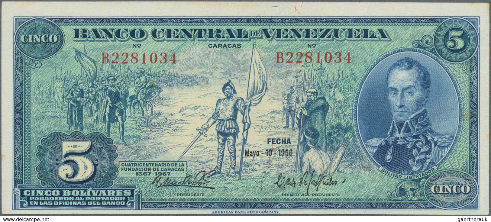 Venezuela: Banco Central De Venezuela 5 Bolivares 1966, P.49, Almost Perfect Condition With A Few Mi - Venezuela