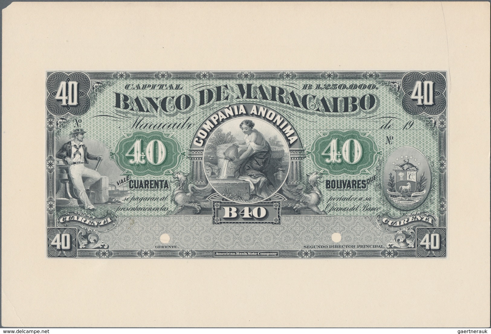 Venezuela: Banco De Maracaibo 40 Bolivares 19xx Front Proof, P.S212p, Glued On Cardboard And In UNC - Venezuela