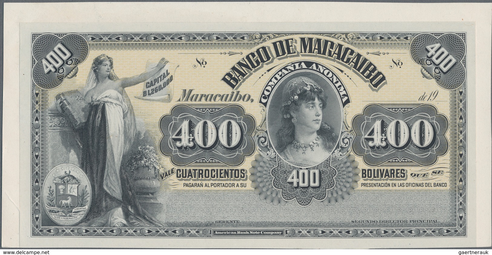 Venezuela: Banco De Maracaibo 400 Bolivares 19xx Front Proof, P.S222p, Glued On Cardboard And In UNC - Venezuela