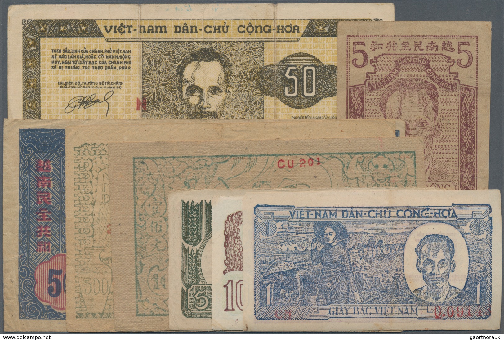 Vietnam: Nice Lot With 8 Banknotes 5 And 50 Dong ND(1947), 1 And 5 Dong ND(1948), 50 Dong ND(1950), - Vietnam