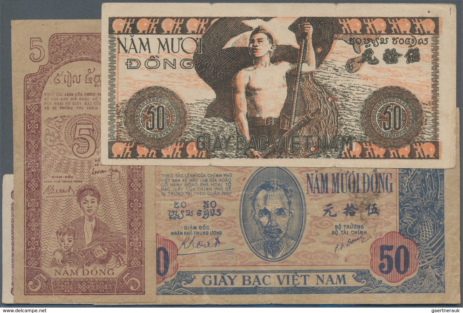 Vietnam: Nice Lot With 8 Banknotes 5 And 50 Dong ND(1947), 1 And 5 Dong ND(1948), 50 Dong ND(1950), - Vietnam