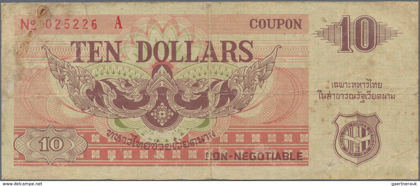 Vietnam: Lot with 7 banknotes including South Korea 1 Dollar MPC P.M29 (PMG 15), Thailand - Vietnam