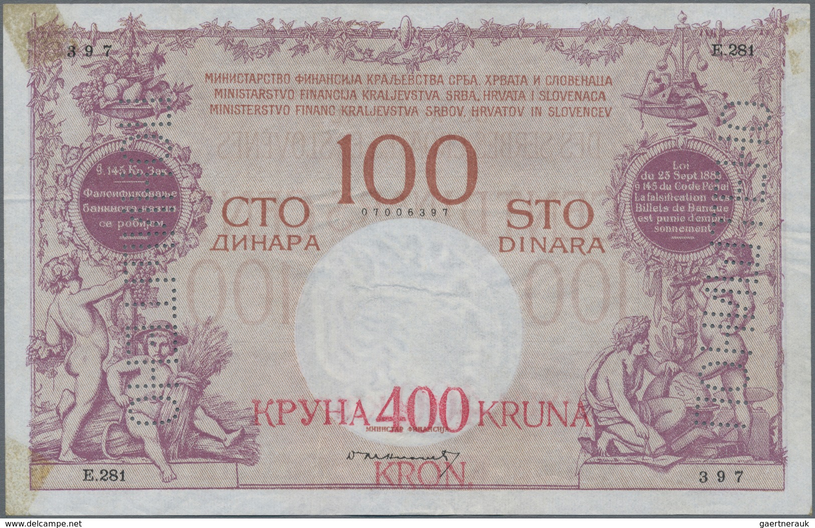 Yugoslavia / Jugoslavien: Kingdom Of Serbs, Croats And Slovenes 400 Kruna On 100 Dinara ND(1919), P. - Yugoslavia
