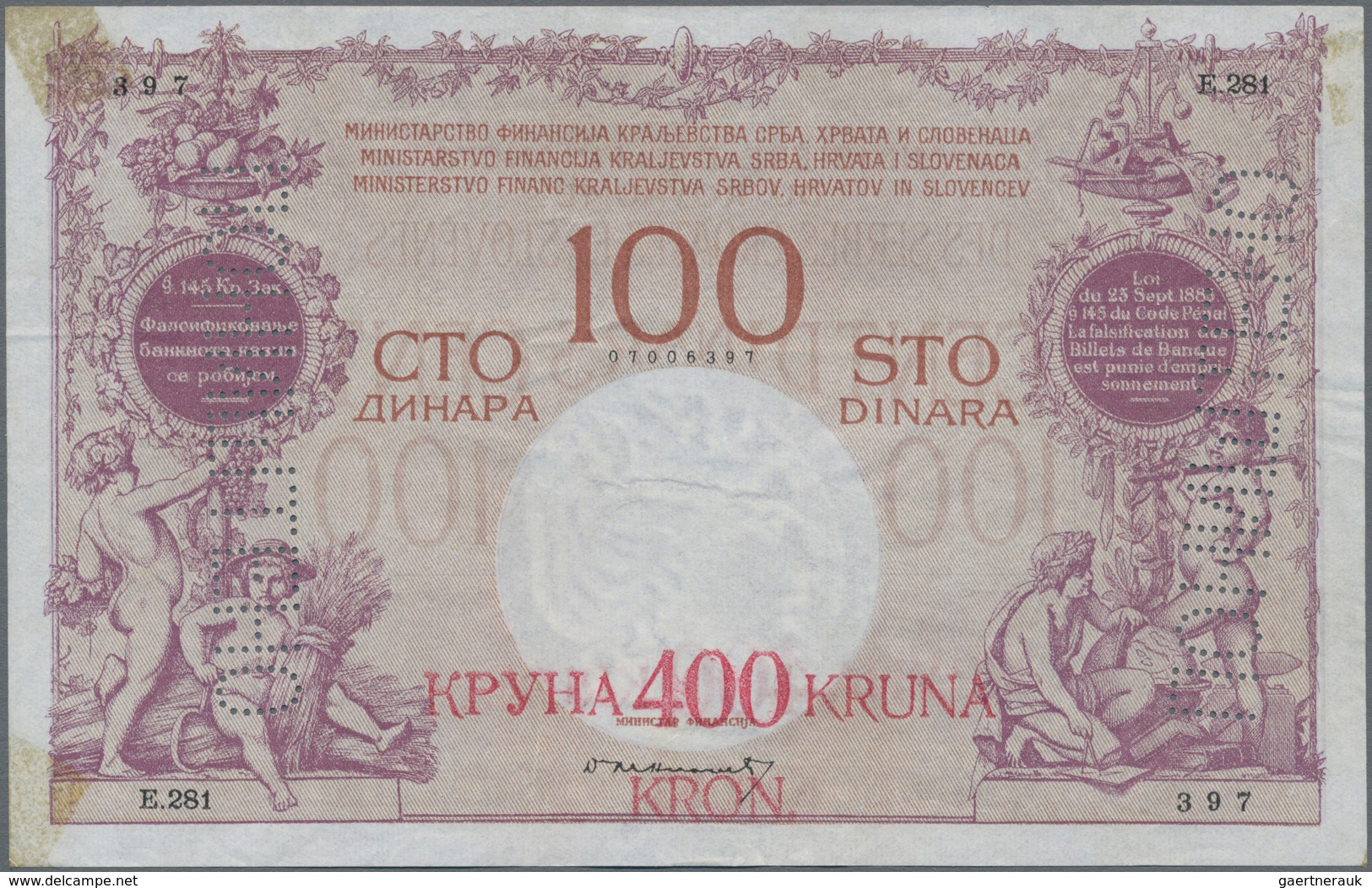 Yugoslavia / Jugoslavien: Kingdom Of Serbs, Croats And Slovenes 400 Kruna On 100 Dinara ND(1919), P. - Jugoslawien