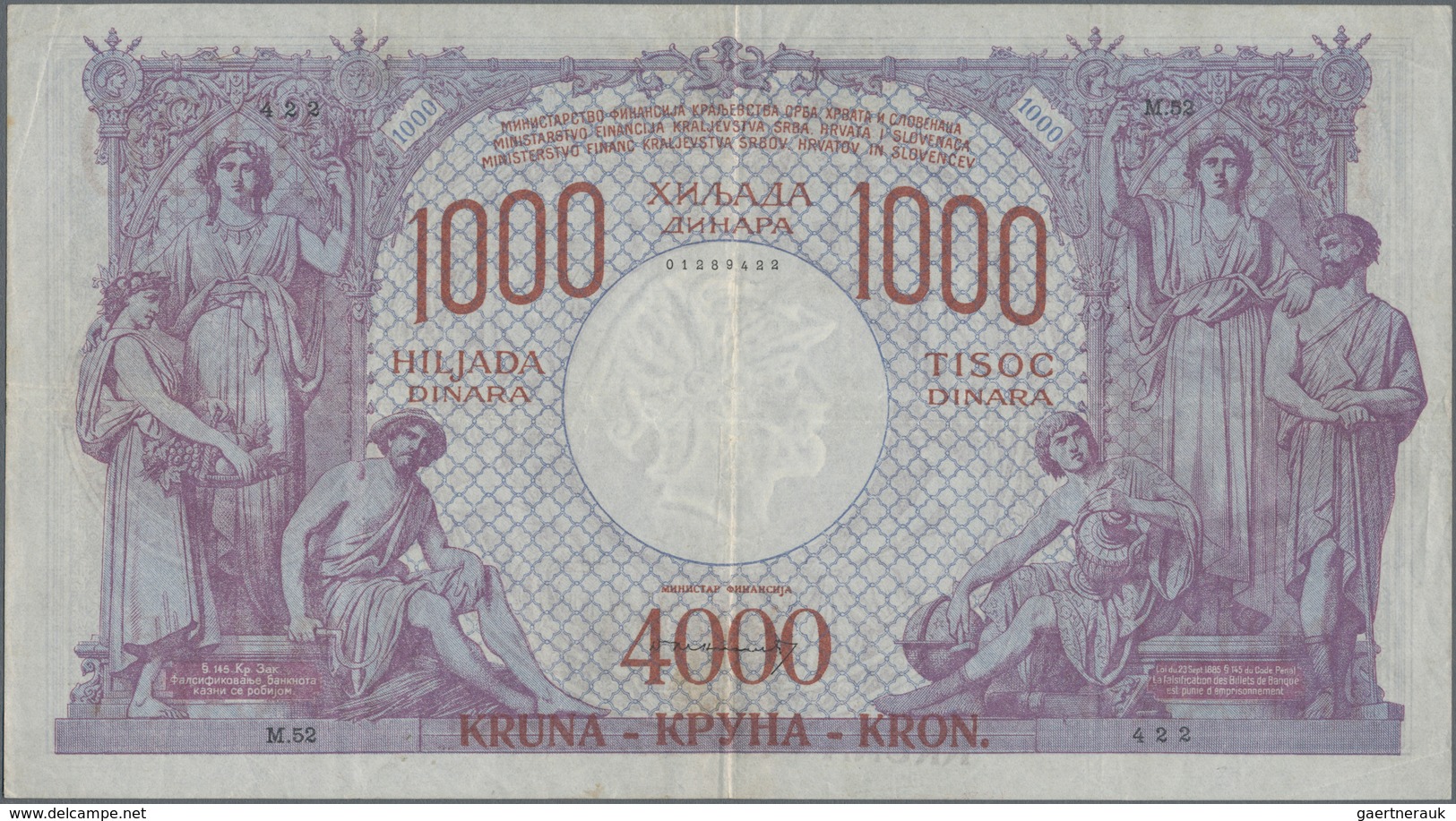 Yugoslavia / Jugoslavien: Kingdom Of Serbs, Croats And Slovenes 4000 Kruna On 1000 Dinara ND(1919), - Yugoslavia