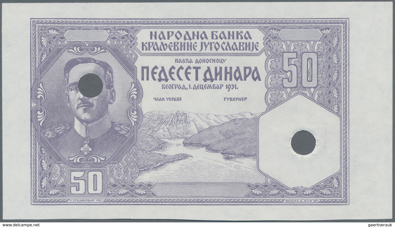 Yugoslavia / Jugoslavien: Kingdom Of Yugoslavia 50 Dinara 1931 Coloured Front Proof With Cancellatio - Yugoslavia