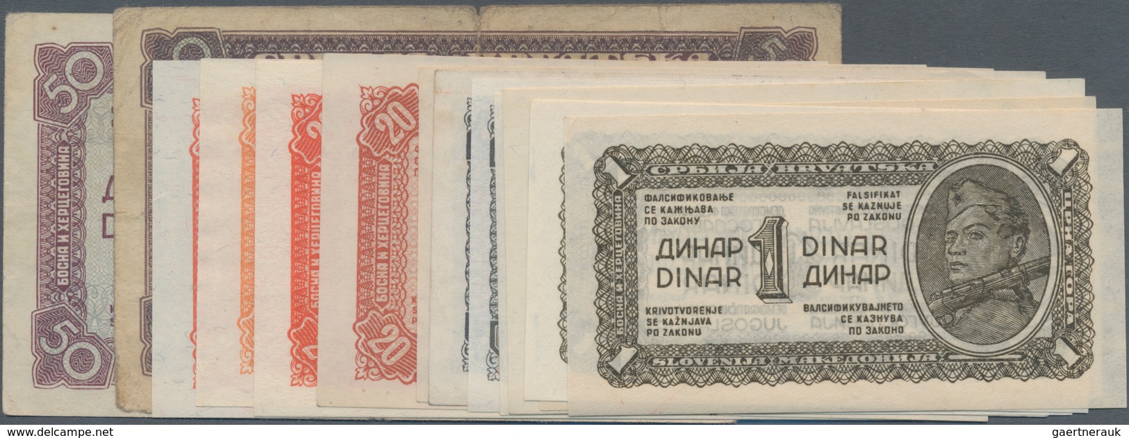 Yugoslavia / Jugoslavien: Set With 14 Banknotes Of The 1944 Partisan Issue, Comprising 3x 1, 2x 5, 3 - Joegoslavië