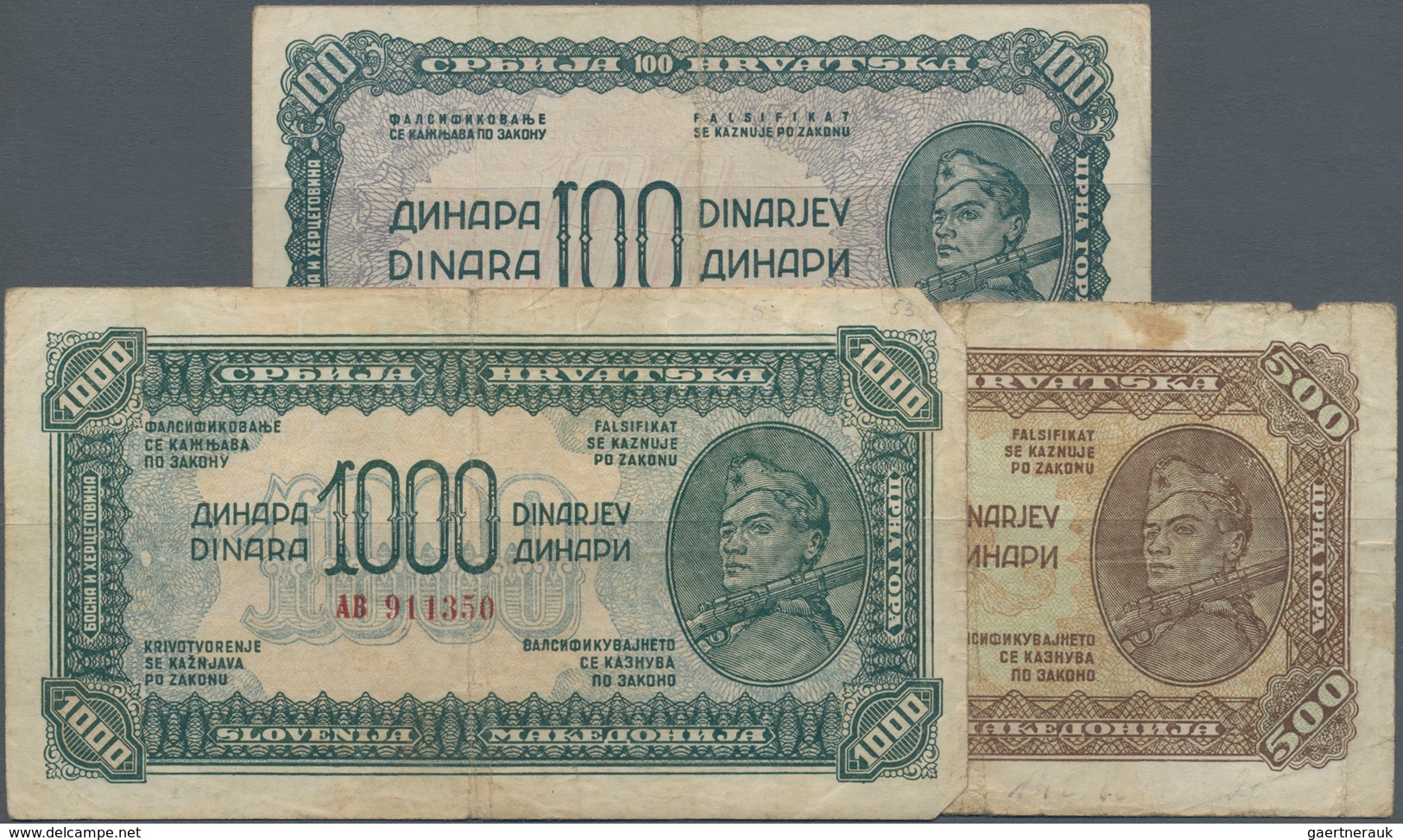 Yugoslavia / Jugoslavien: Set With 3 Banknotes Of The 1944 Partisan Issue With 100, 500 And 1000 Din - Jugoslawien