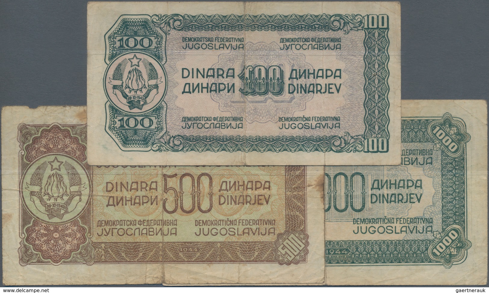 Yugoslavia / Jugoslavien: Set With 3 Banknotes Of The 1944 Partisan Issue With 100, 500 And 1000 Din - Yugoslavia