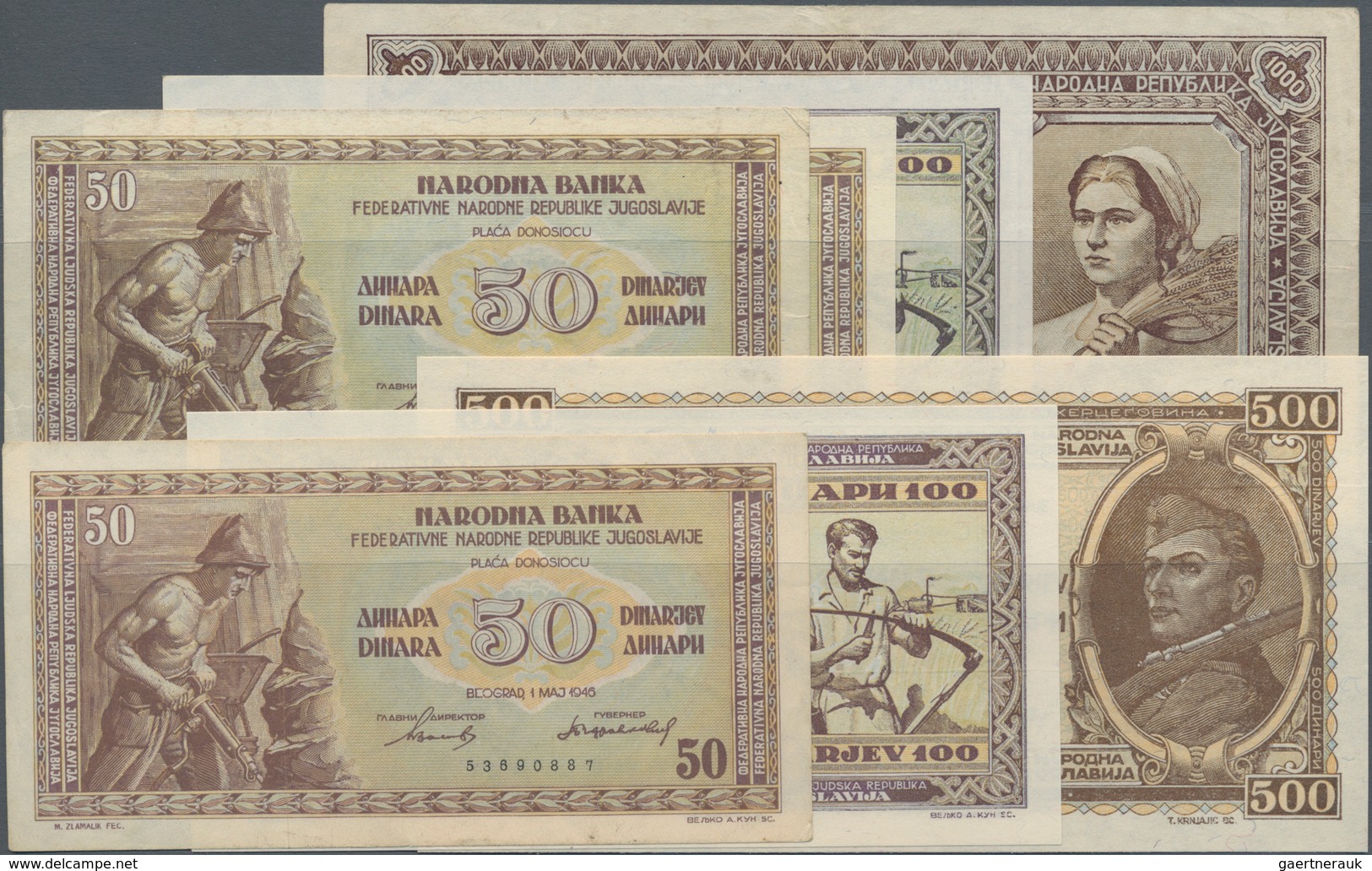 Yugoslavia / Jugoslavien: Set With 7 Banknotes Of The 1946 Issue With 3x 50, 2x 100, 500 And 1000 Di - Yugoslavia
