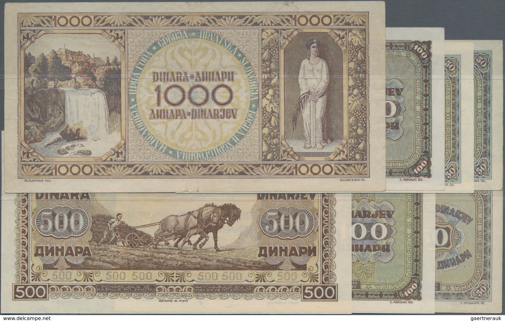 Yugoslavia / Jugoslavien: Set With 7 Banknotes Of The 1946 Issue With 3x 50, 2x 100, 500 And 1000 Di - Yugoslavia