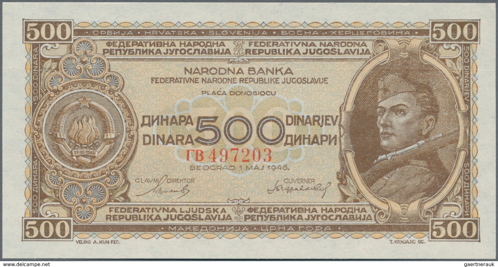 Yugoslavia / Jugoslavien: 500 Dinara 1946, P.66a Without Security Thread And Small Numerals, Tiny Di - Yugoslavia