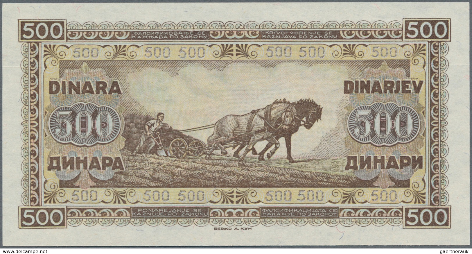 Yugoslavia / Jugoslavien: 500 Dinara 1946, P.66a Without Security Thread And Small Numerals, Tiny Di - Jugoslawien