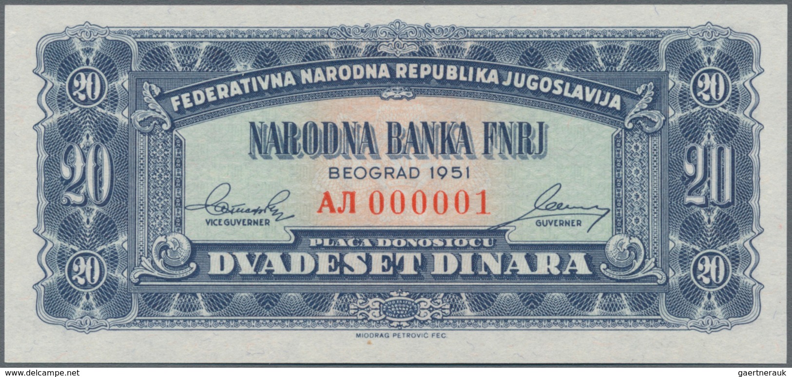 Yugoslavia / Jugoslavien: 20 Dinara 1951 Unissued Series, P.67J In Perfect UNC Condition. - Yugoslavia