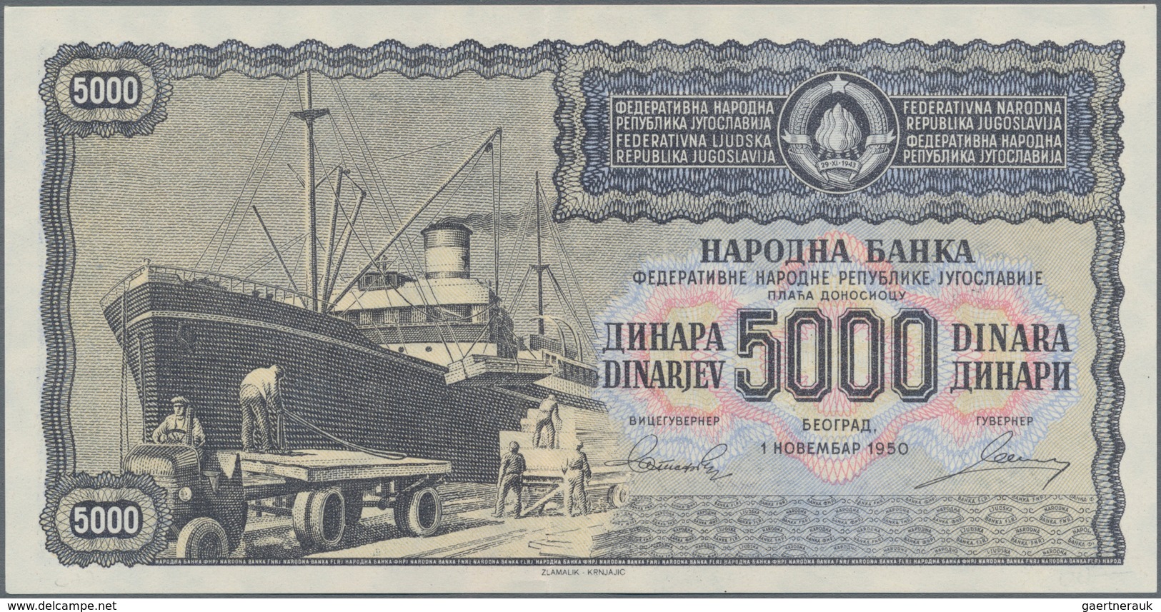 Yugoslavia / Jugoslavien: 5000 Dinara 1950 Unissued Series, P.67N, Seldom Offered And Very Popular B - Jugoslawien