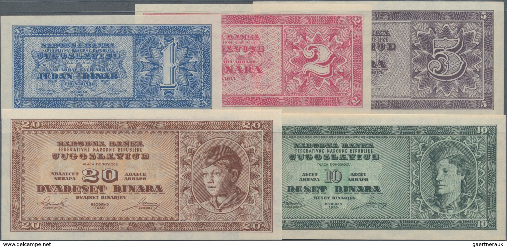 Yugoslavia / Jugoslavien: Set With 5 Banknotes Of The Unissued 1950 Series With 1, 2, 5,10 And 20 Di - Joegoslavië