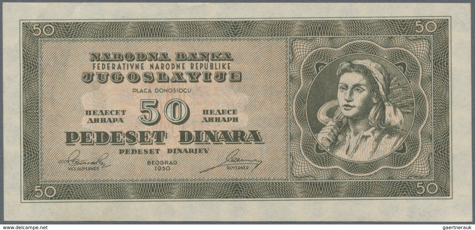 Yugoslavia / Jugoslavien: 50 Dinara 1950 Unissued Series, P.67U, Tiny Bend At Upper Left, Otherwise - Jugoslawien