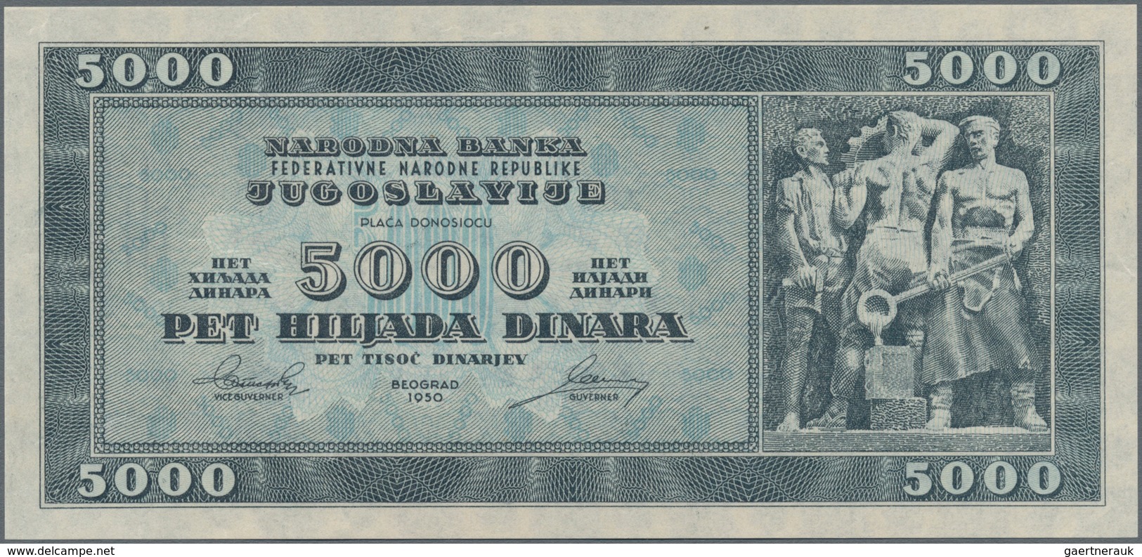 Yugoslavia / Jugoslavien: 5000 Dinara 1950 Unissued Series, P.67Y, Tiny Dint At Upper Left, Otherwis - Joegoslavië