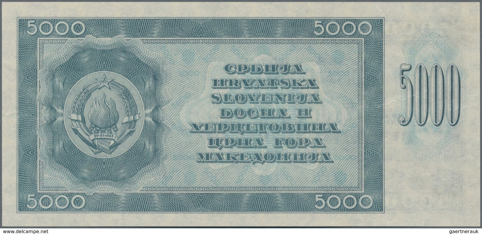 Yugoslavia / Jugoslavien: 5000 Dinara 1950 Unissued Series, P.67Y, Tiny Dint At Upper Left, Otherwis - Joegoslavië