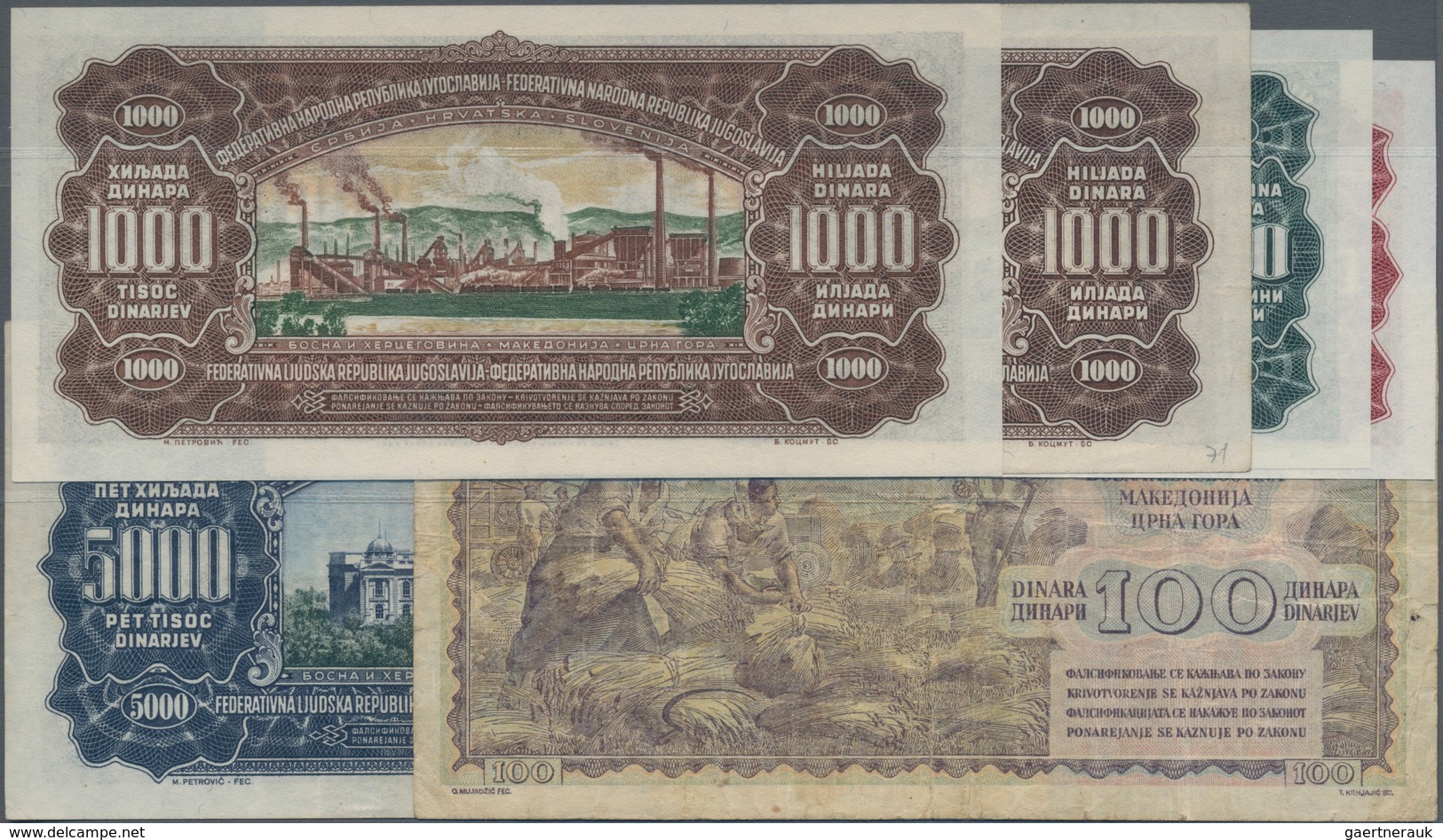 Yugoslavia / Jugoslavien: Set With 6 Banknotes Comprising 100 Dinara 1953, 100, 500, 2x 1000 And 500 - Yougoslavie