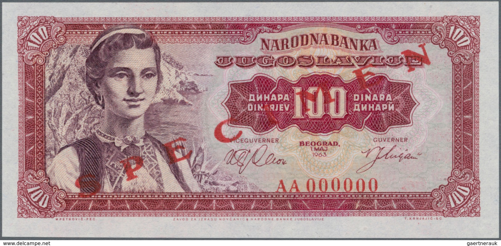 Yugoslavia / Jugoslavien: Complete Specimen set of the 1963 series with 100, 500, 1000 and 5000 Dina