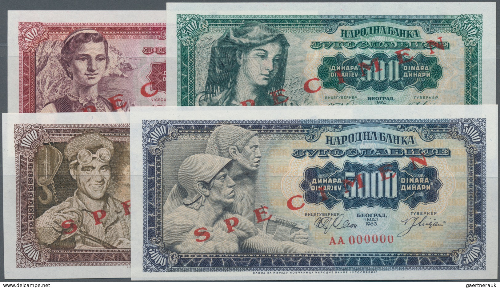 Yugoslavia / Jugoslavien: SPECIMEN Set Of The 1963 Series With 100, 500, 1000 And 5000 Dinara, P.73s - Jugoslawien