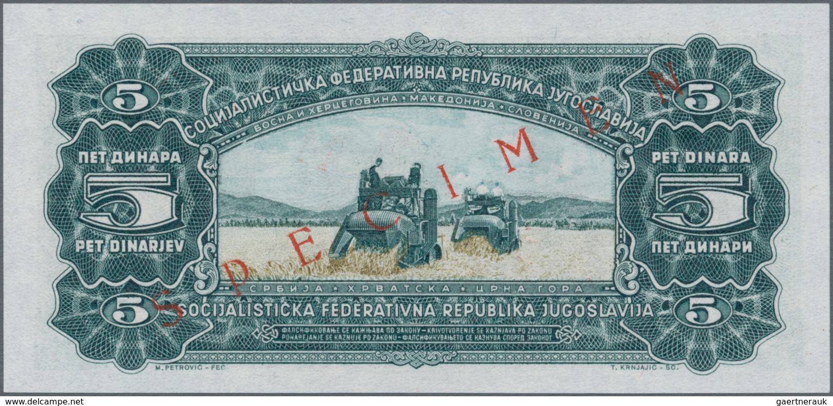 Yugoslavia / Jugoslavien: Complete Specimen set of the 1965 series with 5, 10, 50 and 100 Dinara SPE