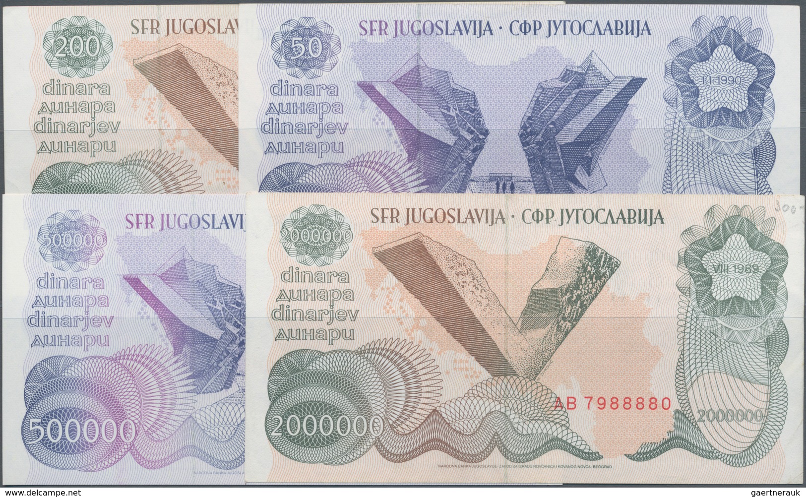 Yugoslavia / Jugoslavien: Lot With 4 Banknotes Of The 1989-1990 Issues With 50, 200, 500.000 And 2 M - Joegoslavië