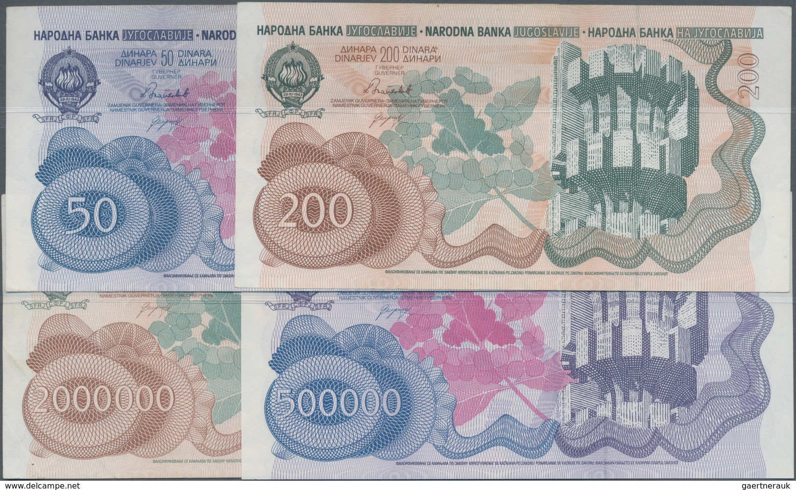 Yugoslavia / Jugoslavien: Lot With 4 Banknotes Of The 1989-1990 Issues With 50, 200, 500.000 And 2 M - Yugoslavia