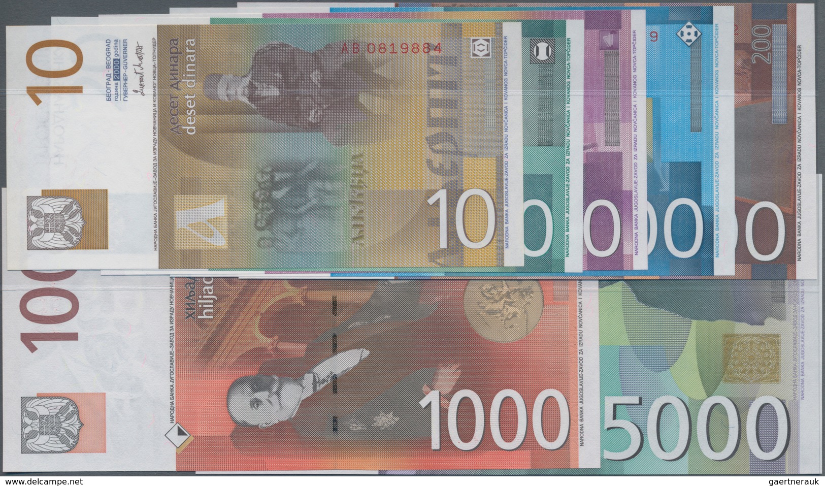 Yugoslavia / Jugoslavien: Lot With 7 Banknotes Of The 2000 – 2002 Series With 10, 20, 50, 100, 200, - Yugoslavia