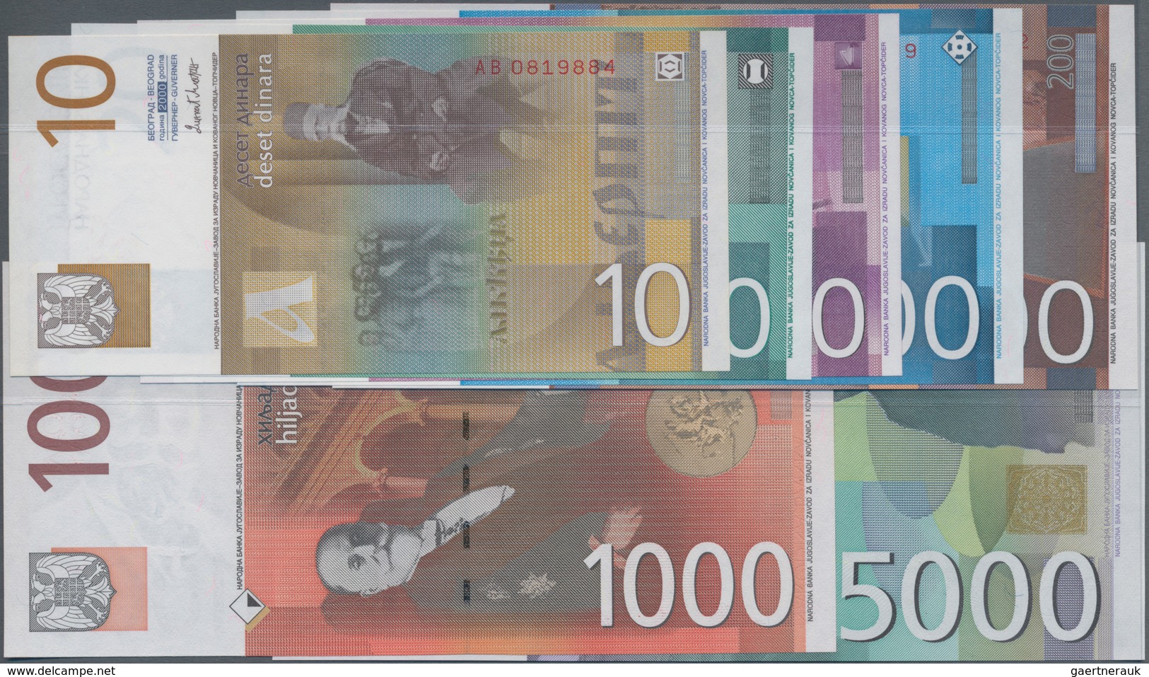 Yugoslavia / Jugoslavien: Lot With 7 Banknotes Of The 2000 – 2002 Series With 10, 20, 50, 100, 200, - Joegoslavië