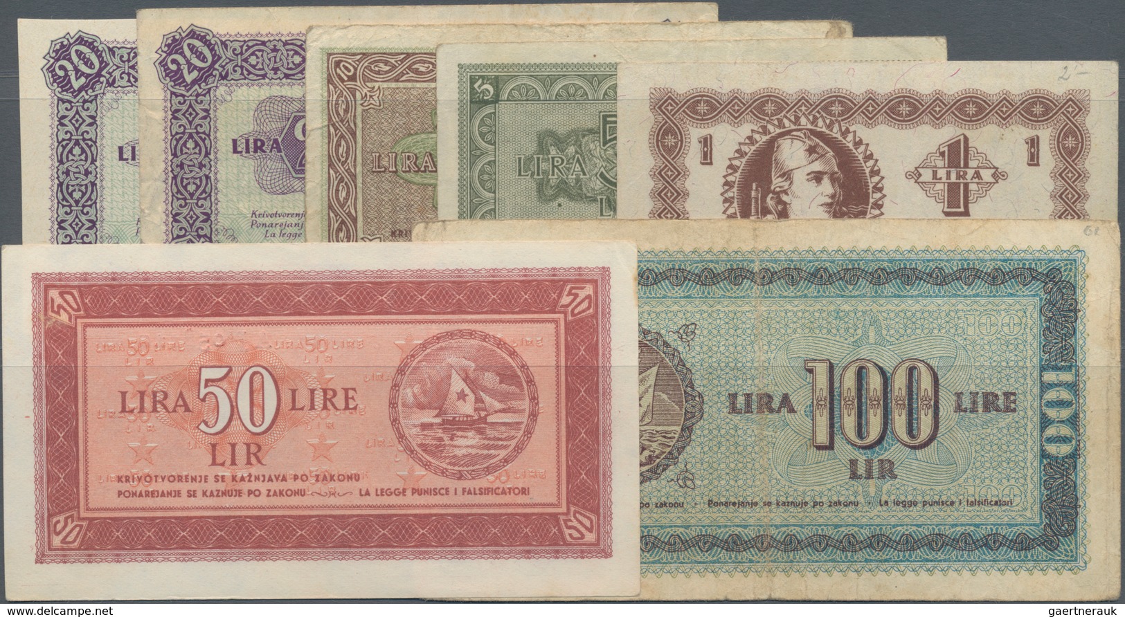 Yugoslavia / Jugoslavien: Istria, Fiume & Slovenian Coast Set With 7 Banknotes With 1, 5, 10, 2x 20, - Yugoslavia