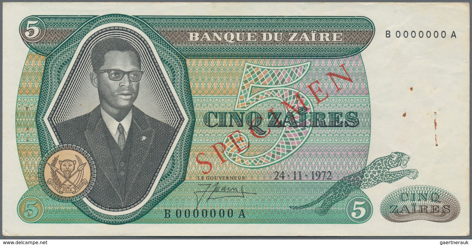 Zaire: Banque Du Zaïre 5 Zaires 1972 Front And Reverse Proof With Additional Text "Wertlos Giesecke - Zaïre